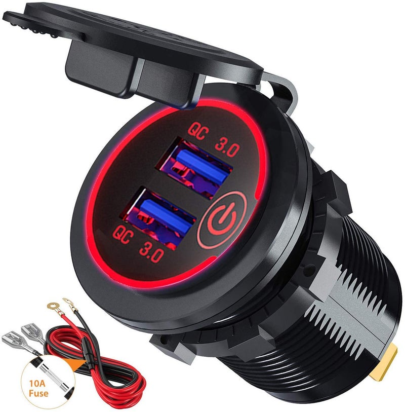 GemCoo Quick Charge 3.0 Dual USB Car Charger Socket with Touch Switch 12V/24V 36W QC3.0 Dual USB Fast Charger Socket Power Outlet for Marine, Boat, Motorcycle, Truck, Golf Cart(Red) - Image 1